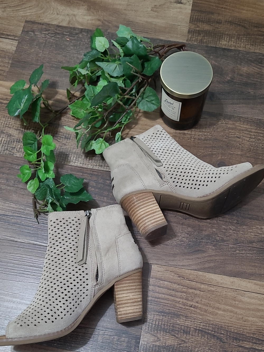 Toms Majorca Desert Taupe Perforated Peep Toe Suede Bootie - Picture 4 of 9